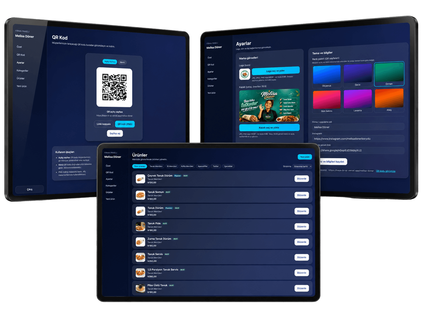 BB Menu firma yönetim paneli: QR kod, ayarlar ve ürün ekranları